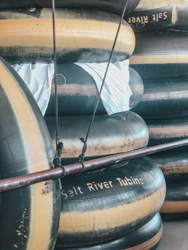 Tubes piled up on the shuttle, salt river tubing