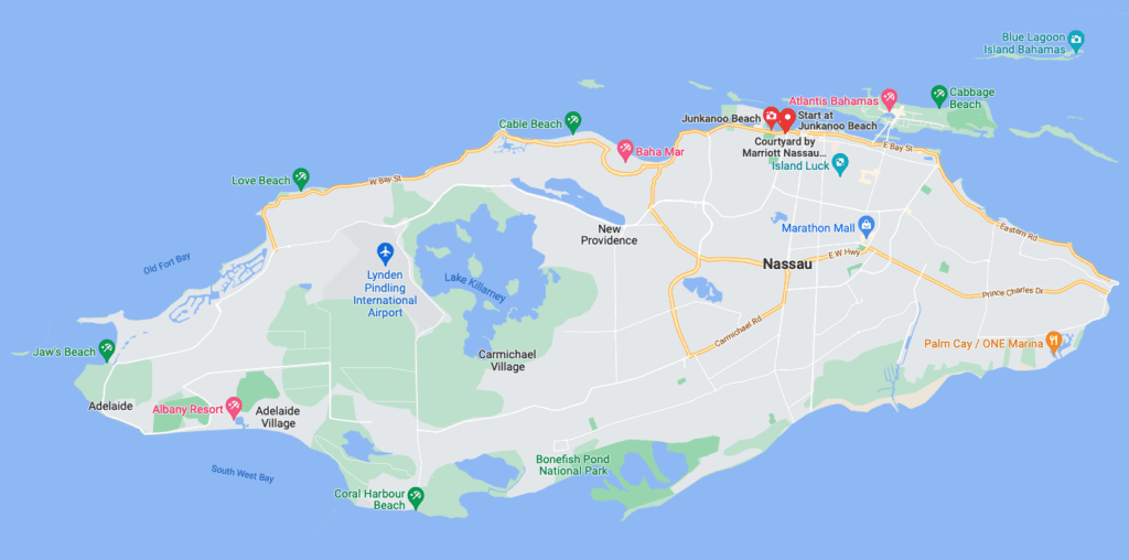 Map of Junkanoo beach in Nassau bahamas